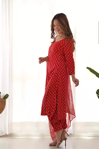 Red block kurta afgani salwar set with dupatta