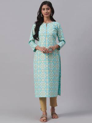 women blue cotton geometric printed straight kurta 1