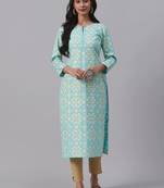 women blue cotton geometric printed straight kurta