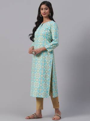 women blue cotton geometric printed straight kurta 3