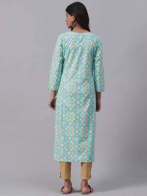 women blue cotton geometric printed straight kurta 4