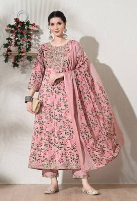 Women floral embroidered regular kurta with trousers & with dupatta 1