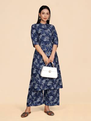 Blue color designer viscose fabric printed a-line kurta set 1