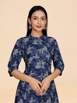 Blue color designer viscose fabric printed a-line kurta set 4