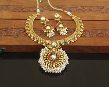Designer gold plated kempu necklace set 2