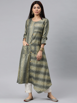 women grey cotton striped printed a-line kurta 1