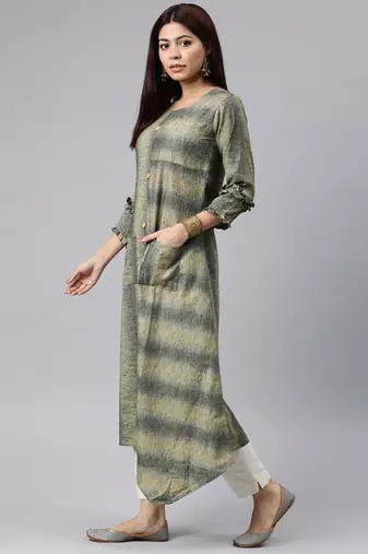 women grey cotton striped printed a-line kurta
