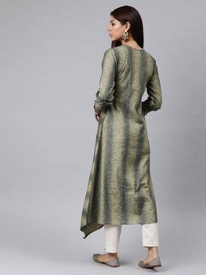 women grey cotton striped printed a-line kurta 4