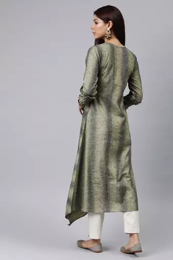 women grey cotton striped printed a-line kurta