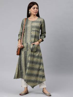 women grey cotton striped printed a-line kurta 5