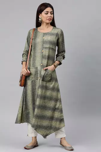 women grey cotton striped printed a-line kurta