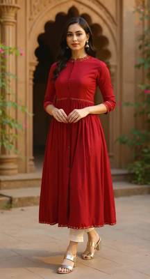 women red viscose rayon solid printed a-line kurta 2