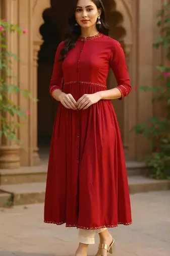 women red viscose rayon solid printed a-line kurta