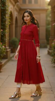 women red viscose rayon solid printed a-line kurta 3