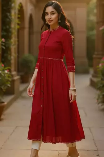 women red viscose rayon solid printed a-line kurta