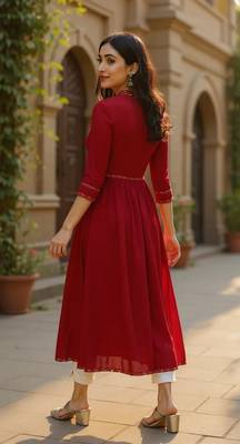 women red viscose rayon solid printed a-line kurta 4