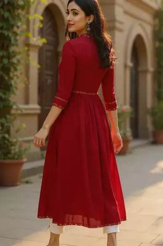 women red viscose rayon solid printed a-line kurta