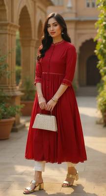 women red viscose rayon solid printed a-line kurta 5