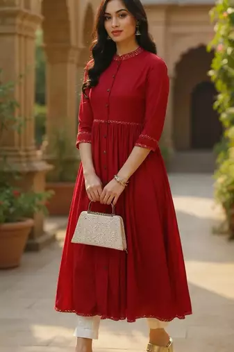 women red viscose rayon solid printed a-line kurta