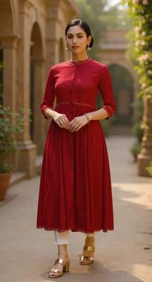 women red viscose rayon solid printed a-line kurta 1