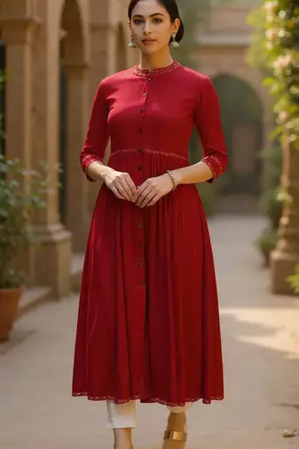 women red viscose rayon solid printed a-line kurta