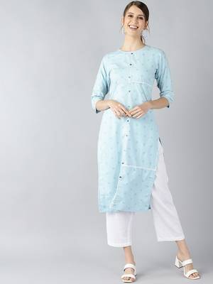 women blue cotton checked printed straight kurta 1