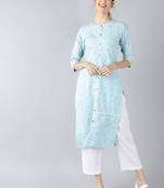women blue cotton checked printed straight kurta