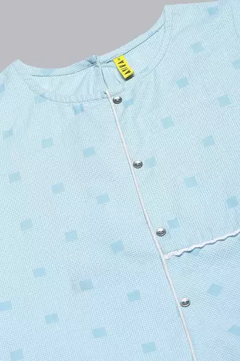 women blue cotton checked printed straight kurta
