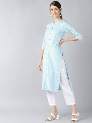 women blue cotton checked printed straight kurta 3