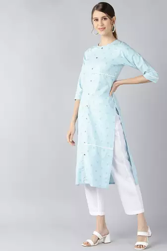 women blue cotton checked printed straight kurta