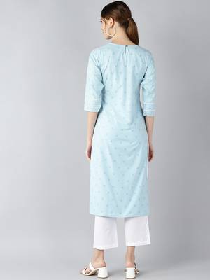 women blue cotton checked printed straight kurta 4