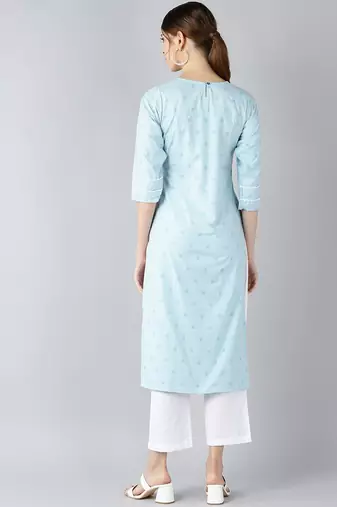 women blue cotton checked printed straight kurta