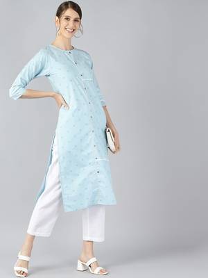 women blue cotton checked printed straight kurta 5