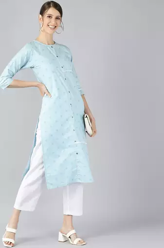 women blue cotton checked printed straight kurta