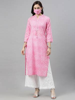 women pink cotton leheriya printed straight kurta 1