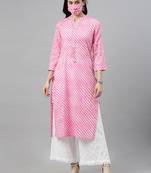 women pink cotton leheriya printed straight kurta