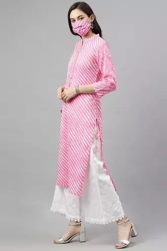 women pink cotton leheriya printed straight kurta