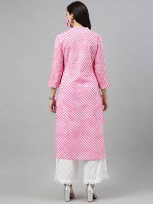 women pink cotton leheriya printed straight kurta 4