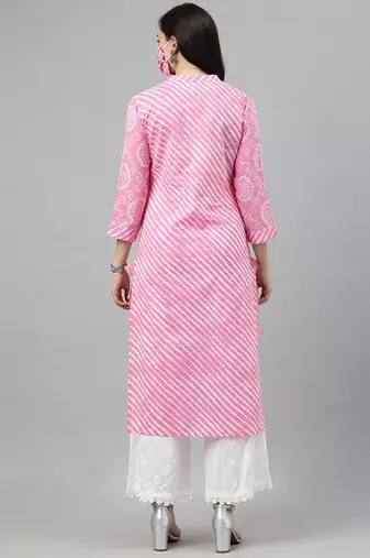 women pink cotton leheriya printed straight kurta