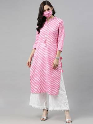 women pink cotton leheriya printed straight kurta 5