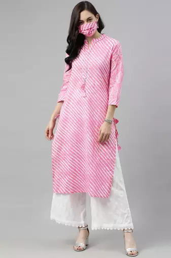 women pink cotton leheriya printed straight kurta
