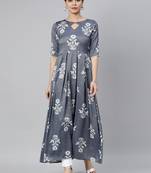 Grey Cotton Printed Floral Keyhole Neck Kameez