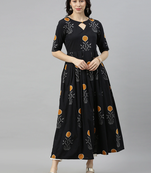 women black cotton floral printed a-line kurta