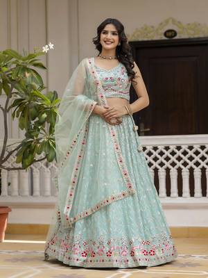 Trendmalls Mint Green Georgette Sequins Work Lehenga 1
