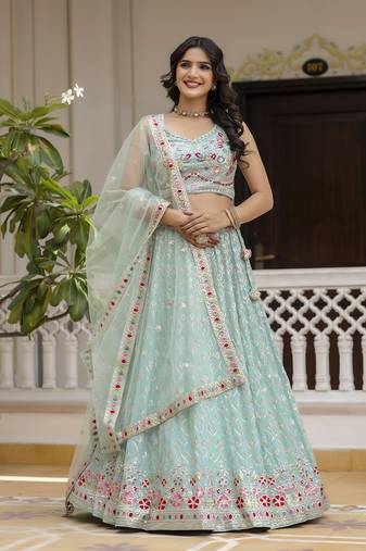 Mint Green Georgette Sequins Work Lehenga