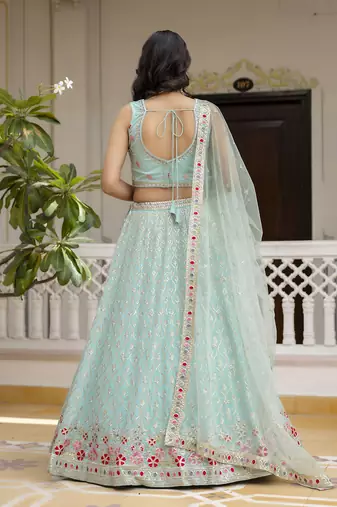 Trendmalls Mint Green Georgette Sequins Work Lehenga