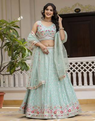 Trendmalls Mint Green Georgette Sequins Work Lehenga 3