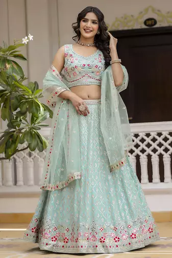 Trendmalls Mint Green Georgette Sequins Work Lehenga