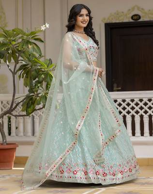Trendmalls Mint Green Georgette Sequins Work Lehenga 4