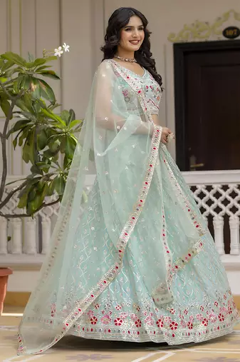 Trendmalls Mint Green Georgette Sequins Work Lehenga